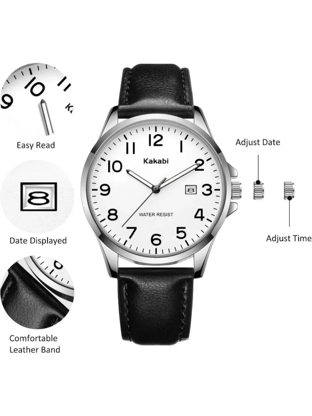 Men's White Black Leather Strap Analog Quartz Waterproof Minimalist Wrist Watch